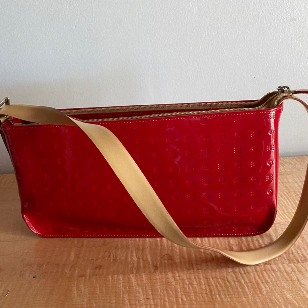 Arcadia red patent embossed leather bag